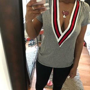 V neck red,white, Gray and black top